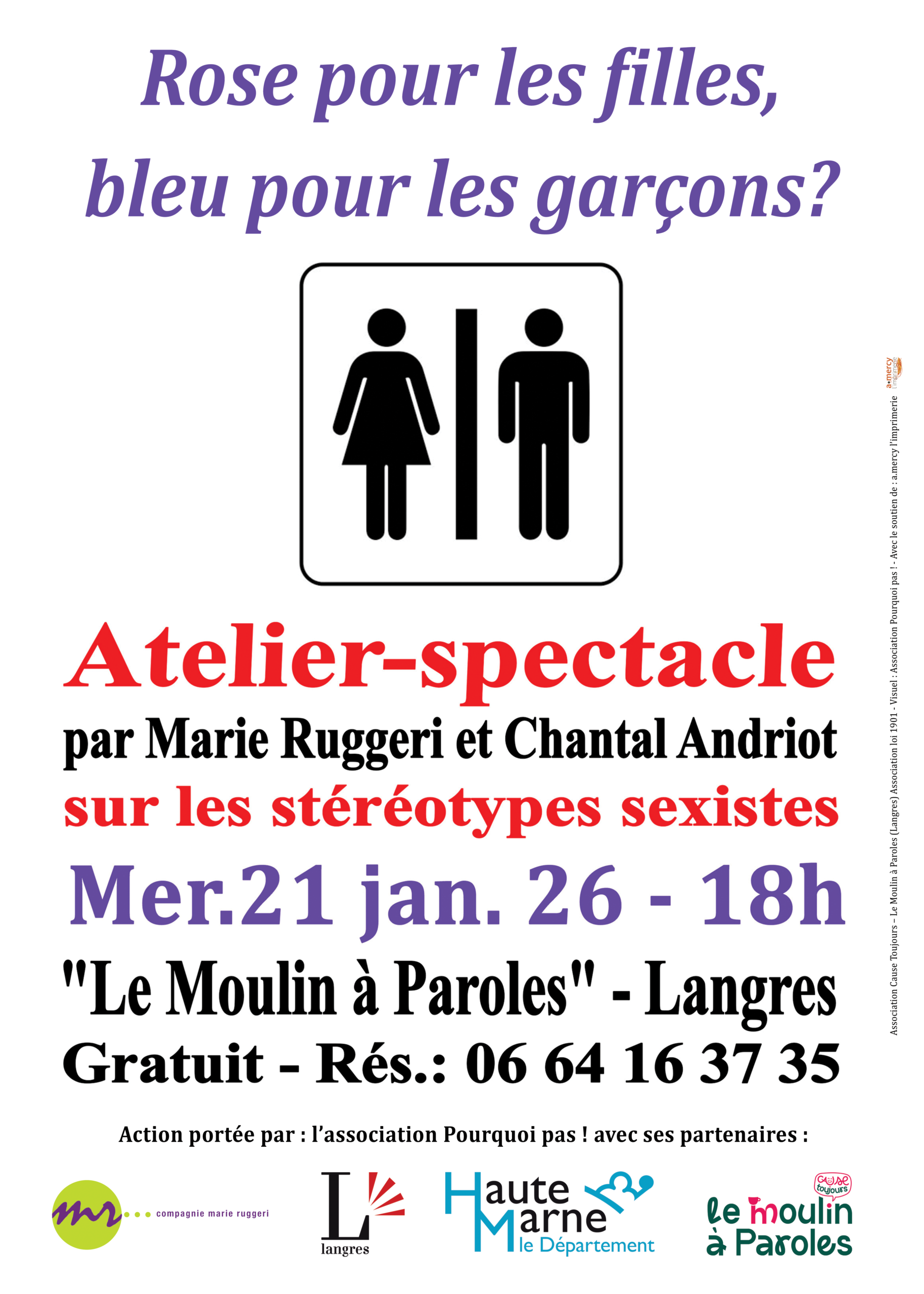 Affiche : Rose pour les filles, bleu pour les garçons ? – Atelier-spectacle au Moulin à Paroles (Langres)