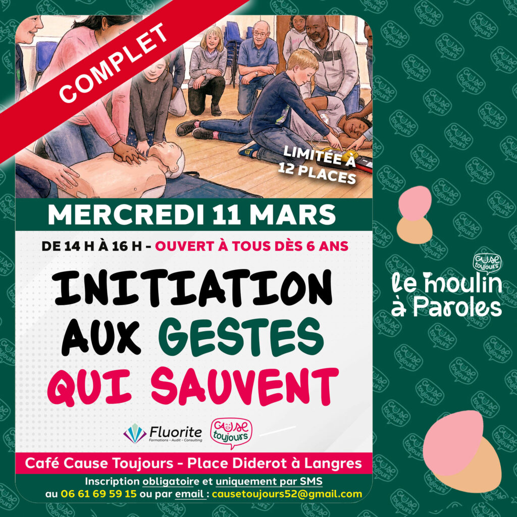 Atelier gratuit “Gestes qui sauvent” le mercredi 11 mars 2026 (14h–16h) au Café Cause Toujours à Langres Complet