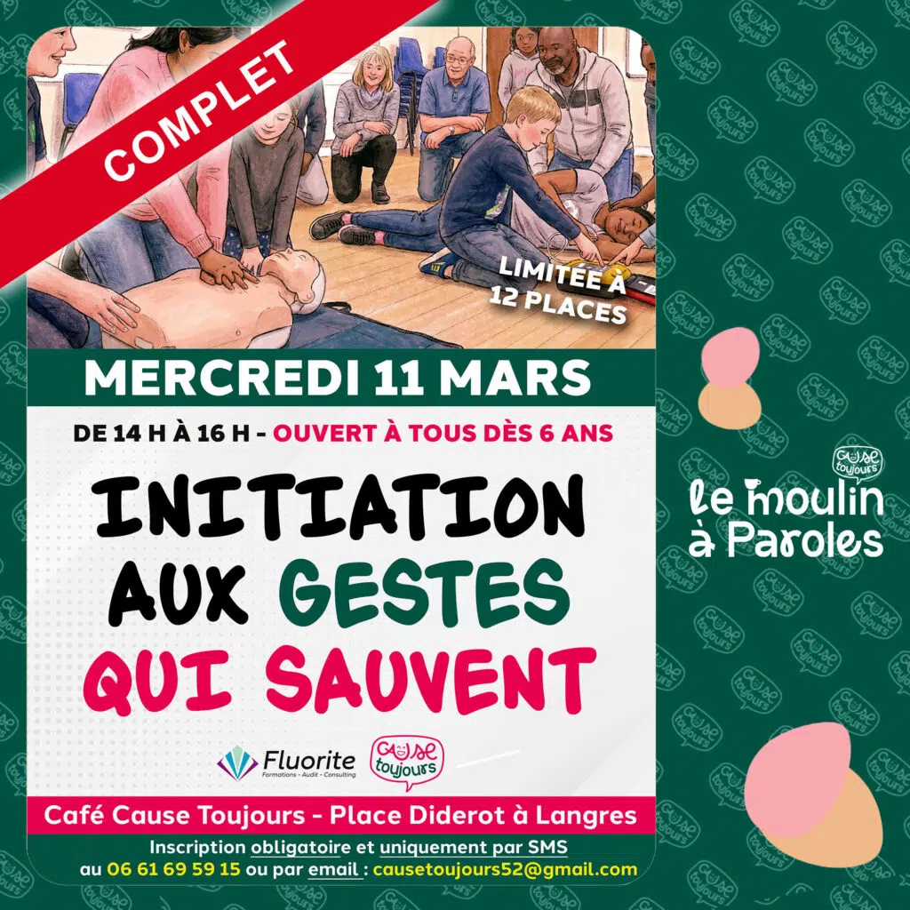 Atelier gratuit “Gestes qui sauvent” le mercredi 11 mars 2026 (14h–16h) au Café Cause Toujours à Langres Complet