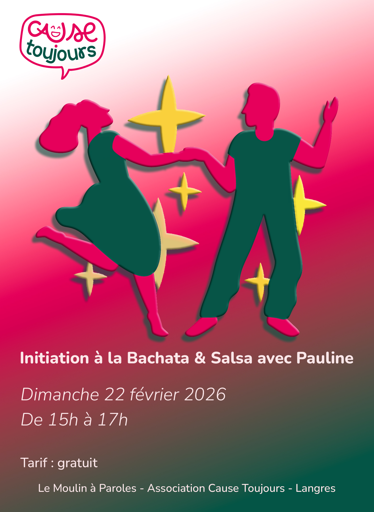 Affiche – Initiation Bachata & Salsa avec Pauline à Cause Toujours (Langres)