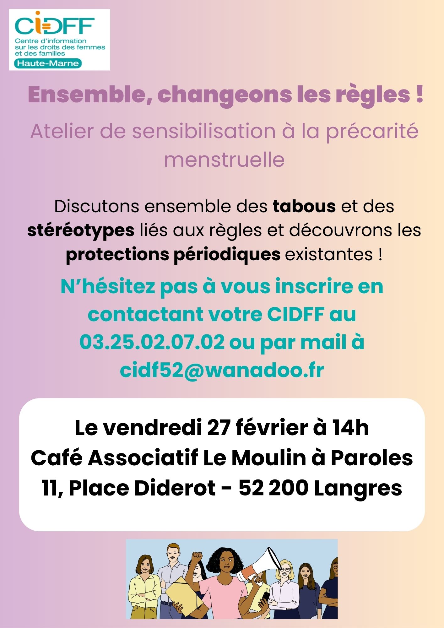 Affiche – Atelier de sensibilisation à la précarité menstruelle à Langres (CIDFF Haute-Marne)