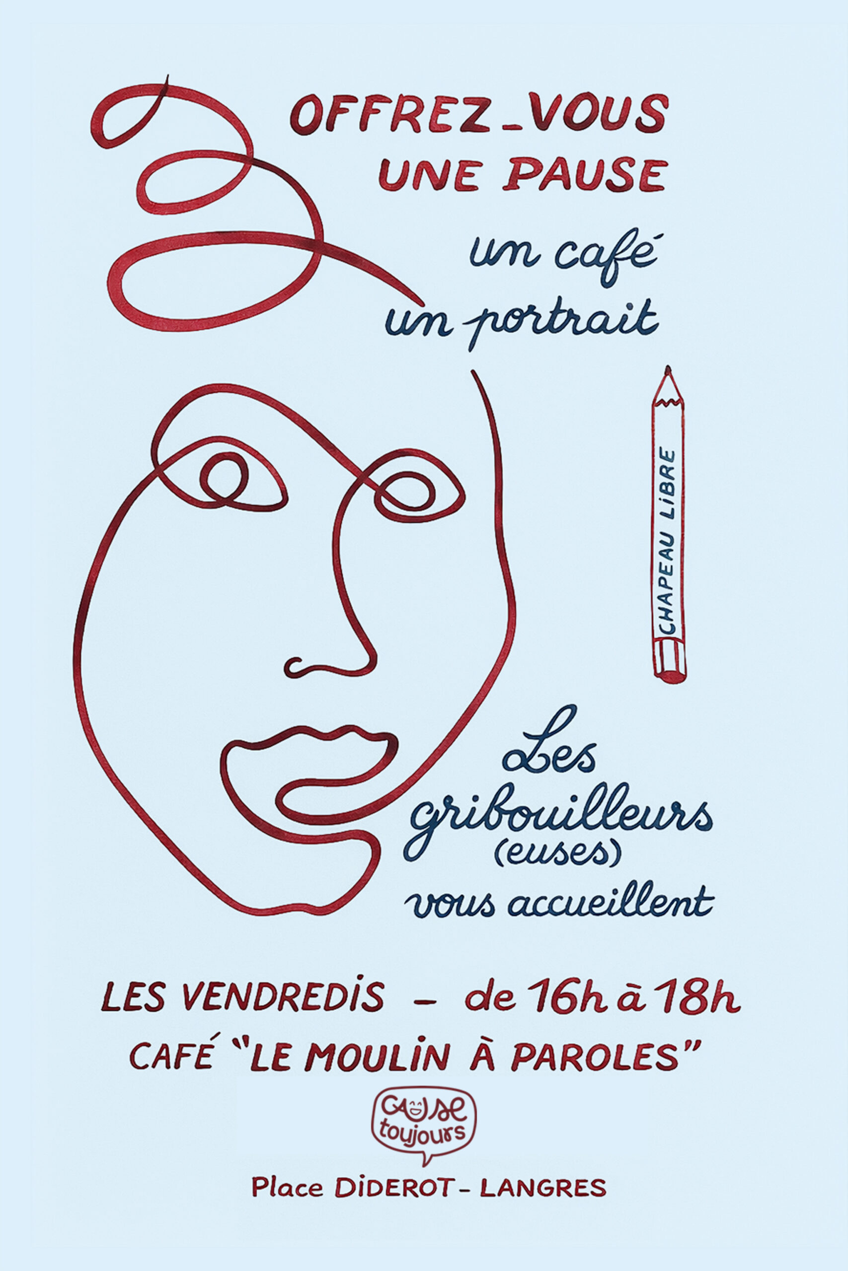 Affiche Les gribouilleurs du vendredi, portraits au crayon gratuits au Moulin à Paroles à Langres le vendredi 5 juin 2026 de 16h à 18h