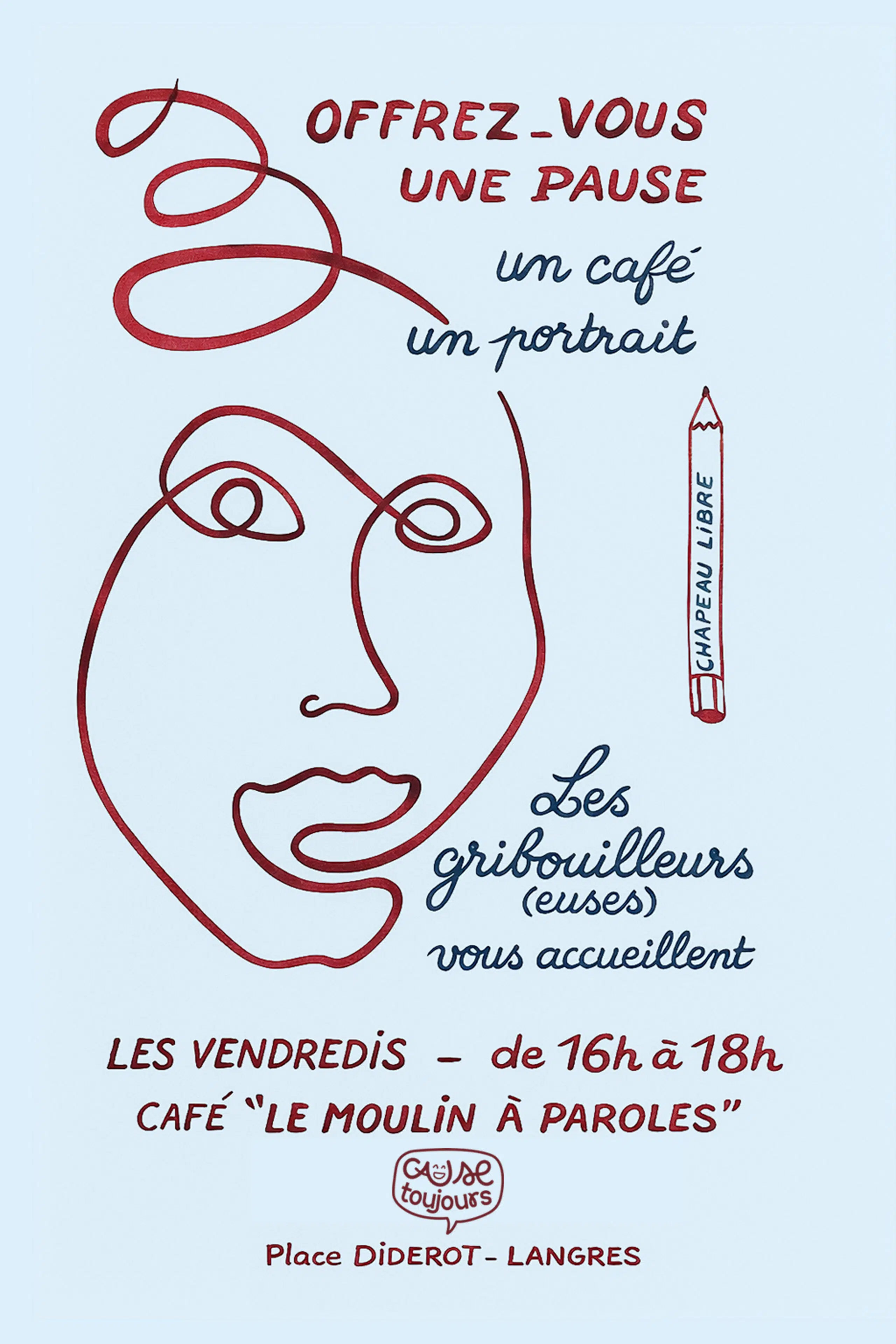 Affiche portraits au crayon au Moulin à Paroles à Langres le vendredi 8 mai 2026 de 16h à 18h