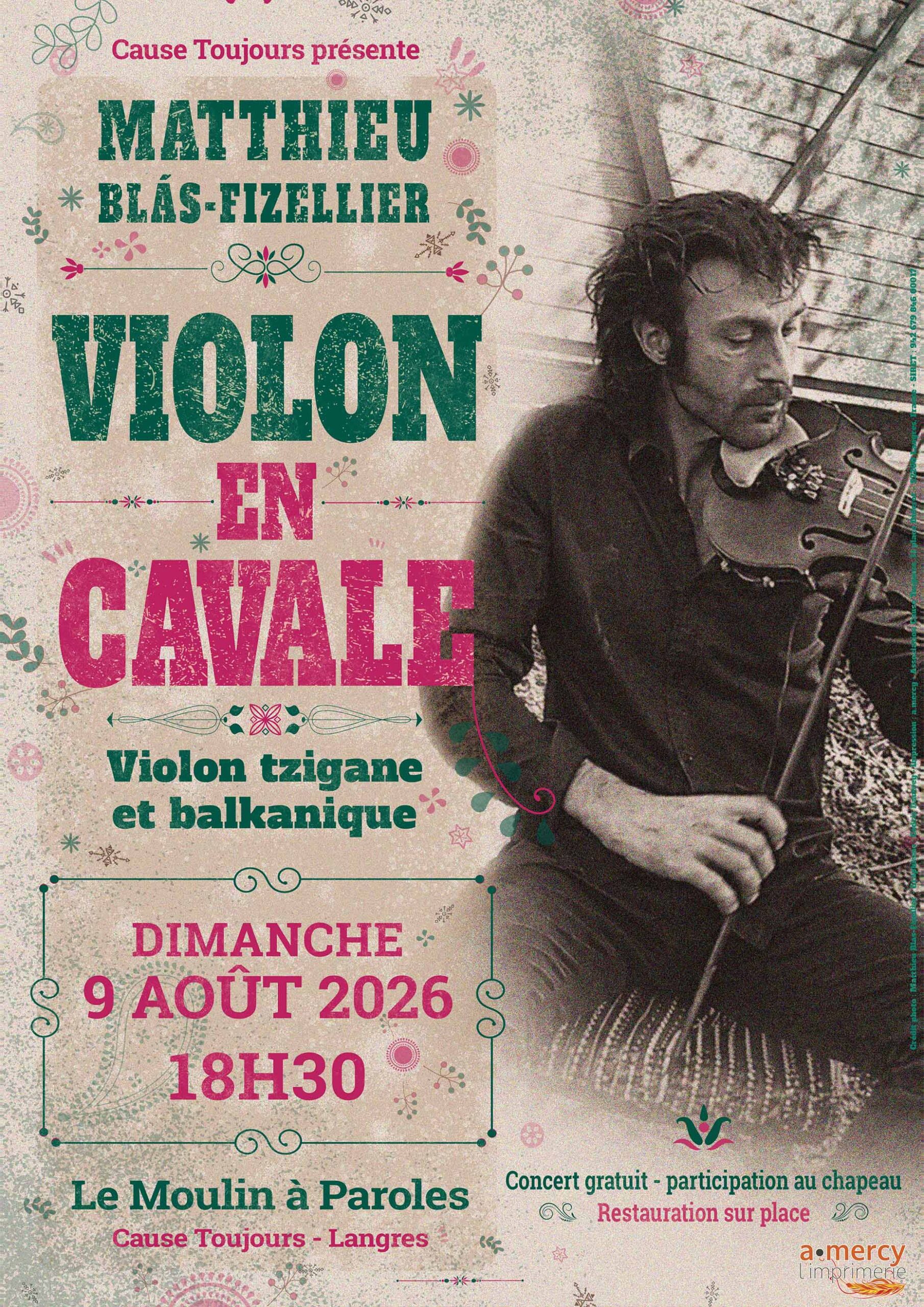 Affiche du concert Violon en Cavale de Matthieu Blás-Fizellier au Moulin à Paroles à Langres