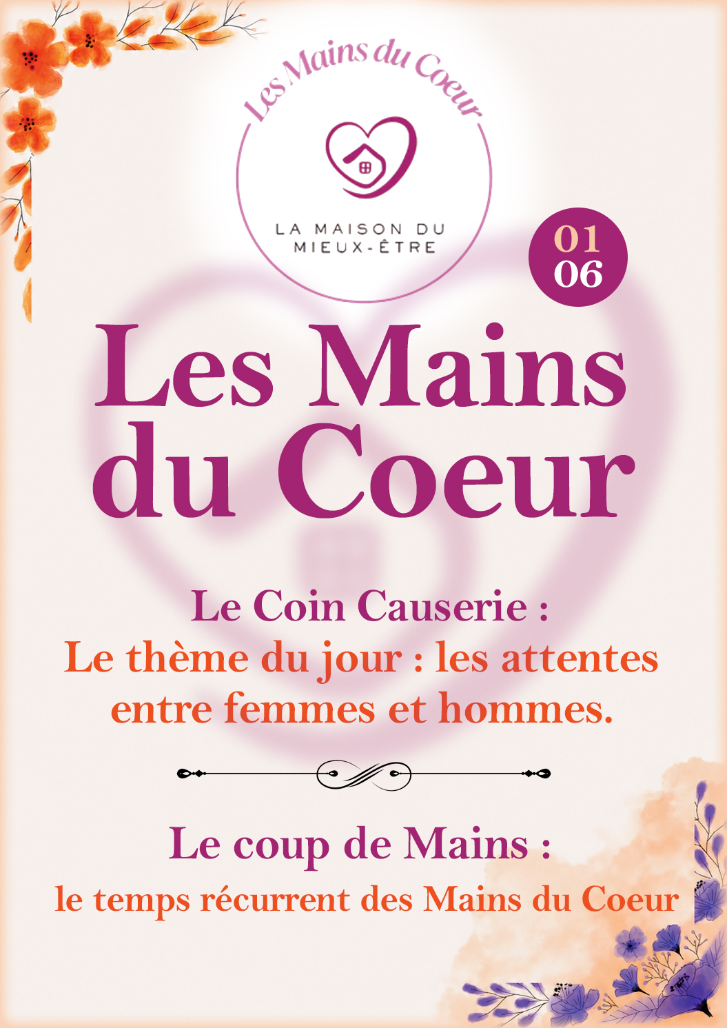 Affiche Le Coin Causerie organisé par Les Mains du Cœur sur les attentes entre femmes et hommes à Cause Toujours Langres