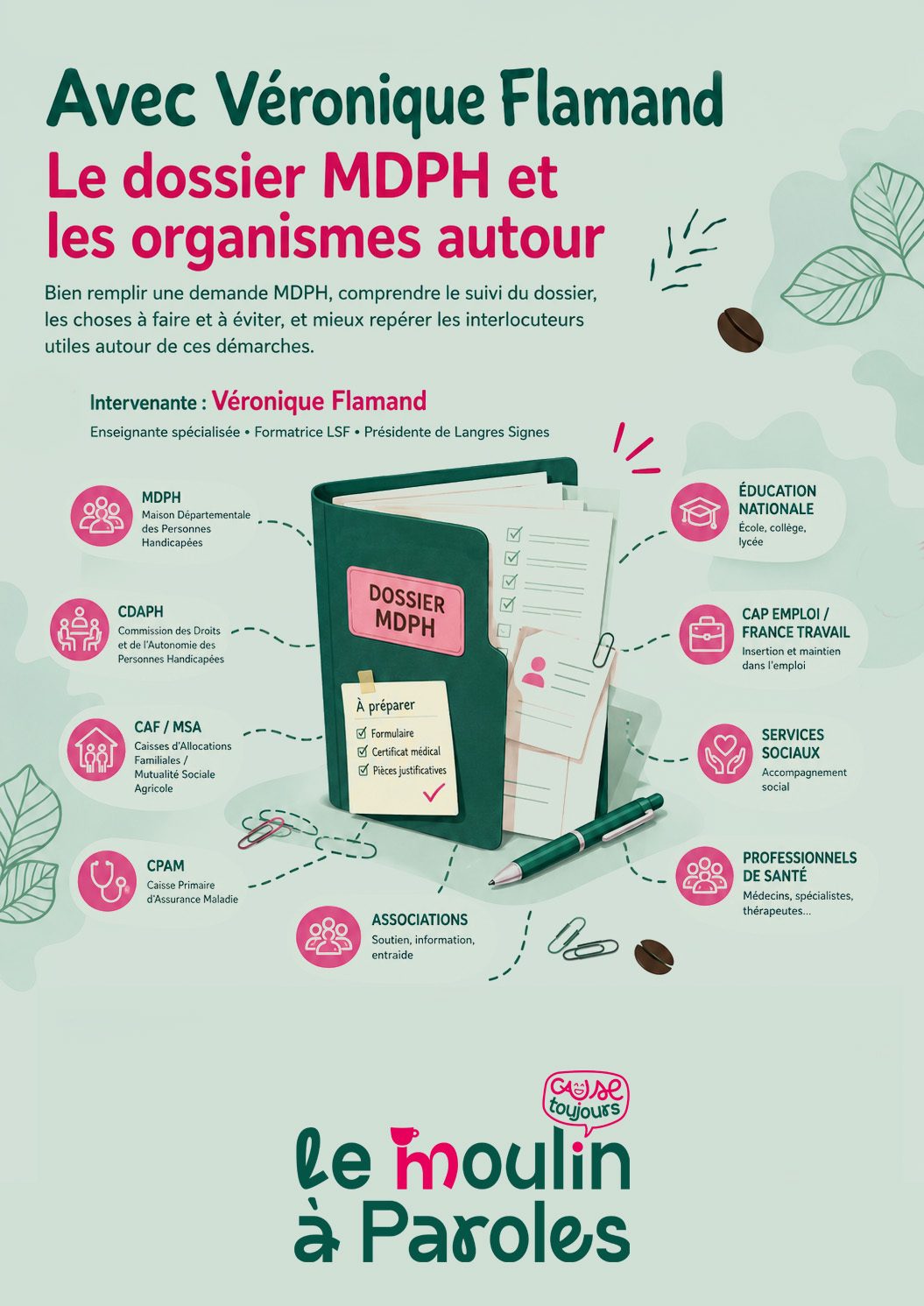 Affiche originale – Avec Véronique Flamand : le dossier MDPH et les organismes autour au Moulin à Paroles à Langres