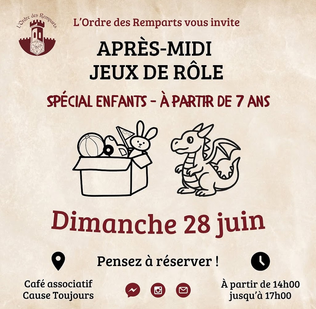Affiche de l'après-midi jeux de rôle spécial enfants avec L'Ordre des Remparts à Cause Toujours